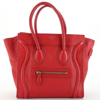 Céline Micro Luggage Tote in Red Pebble Grain Leather