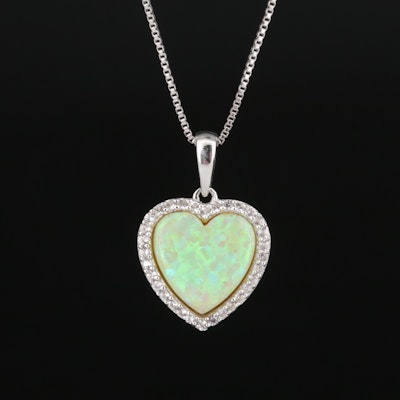 Sterling Opal and Sapphire Halo Heart Pendant Necklace