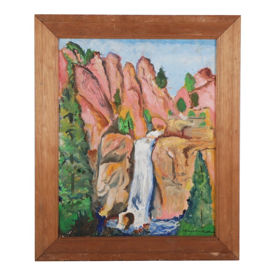 Landscape Oil Painting of a Waterfall, late 20th Century