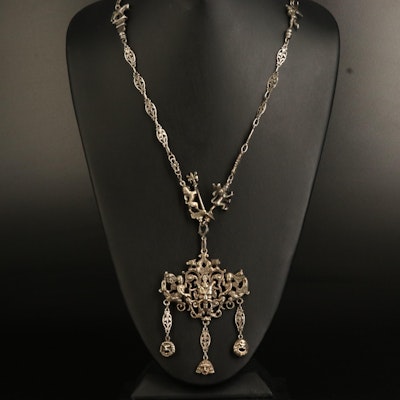 Heraldic and Greek Motif Renaissance Revival 800 Silver Necklace