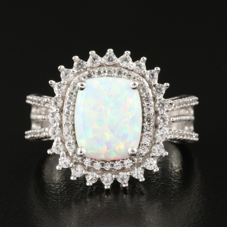 Sterling Opal and Sapphire Double Halo Ring
