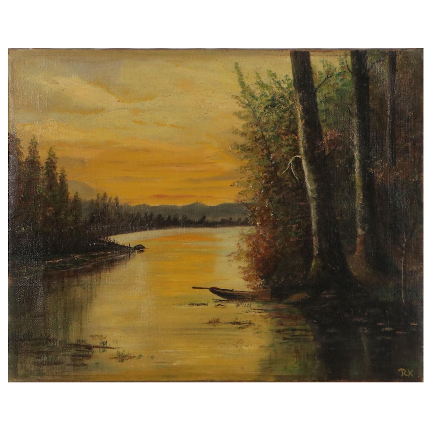 Landscape Oil Painting of River, Late 19th Century