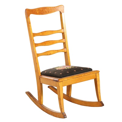 American Primitive Maple and Needlepoint Ladderback Rocker, Late 19th Century