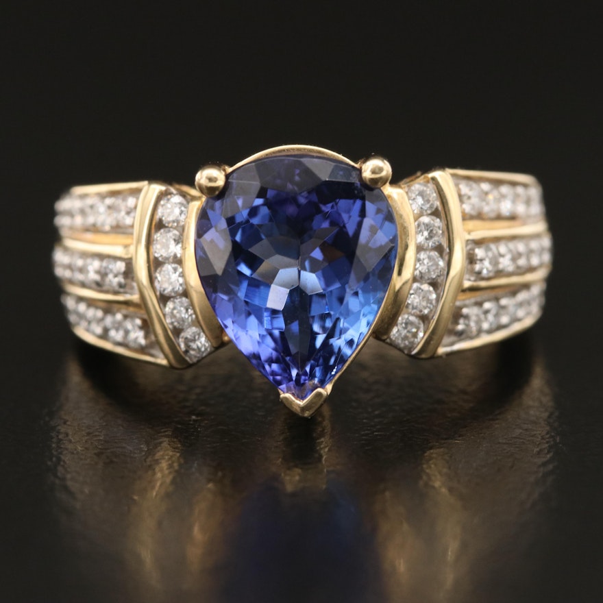 14K 3.14 CT Tanzanite and Diamond Ring with Multi-Row Shoulders