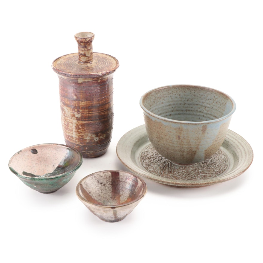 Wood Fired Art Pottery Bowls, Plate, and Lidded Vessel