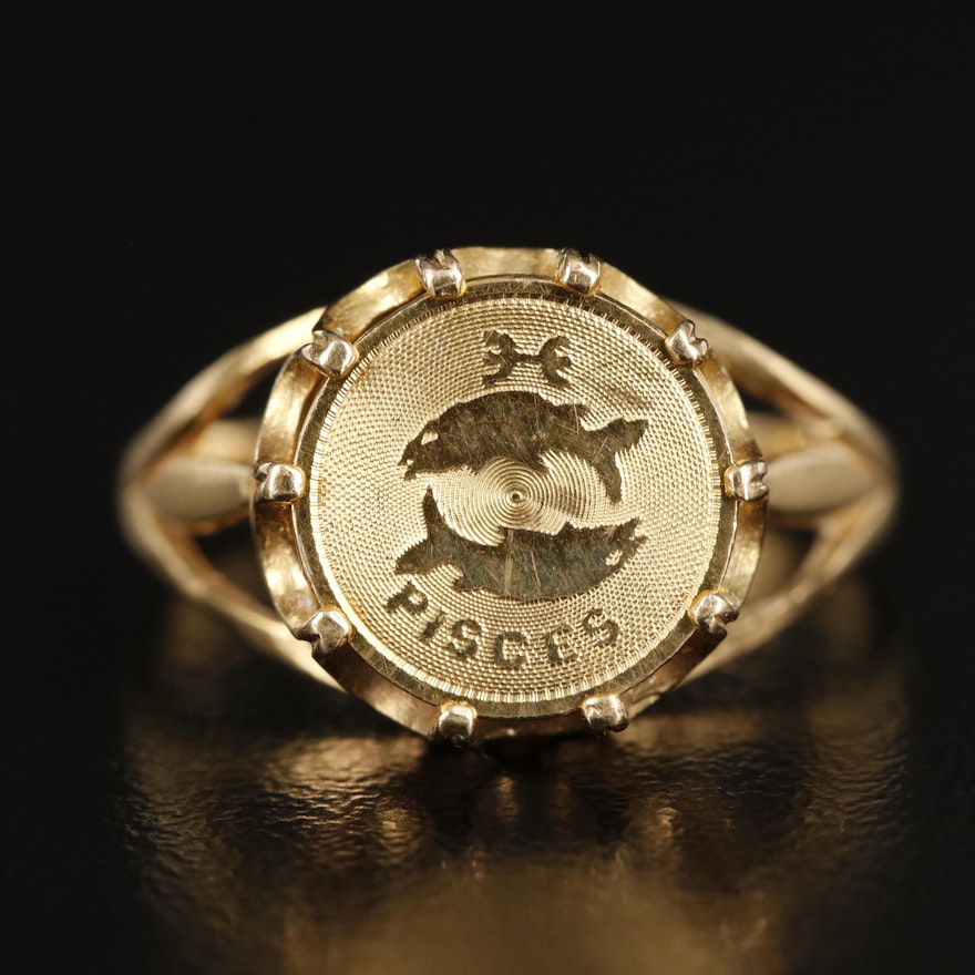 14K Pisces Zodiac Symbol Signet Ring