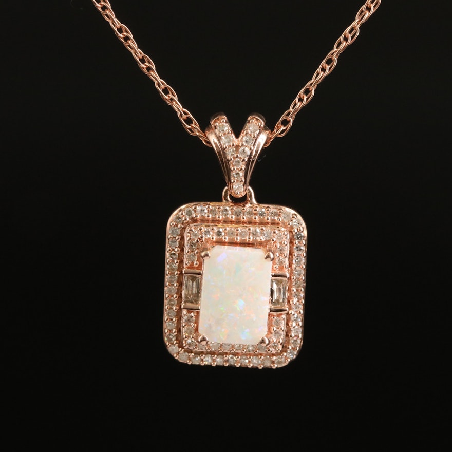 Sterling Opal and Diamond Pendant Necklace