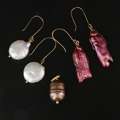 14K Coin and Baroque Pearl Drop Earrings