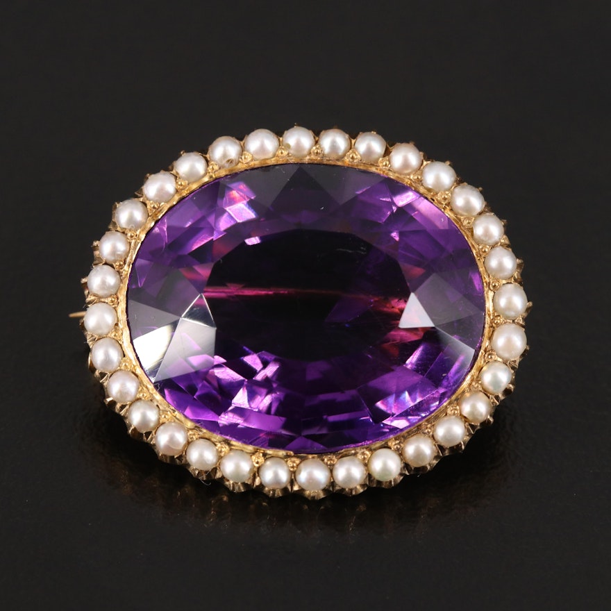 Antique 14K 37.64 CT Amethyst and Seed Pearl Brooch