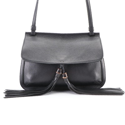 Gucci Daily Flap Shoulder Bag in Black Pebbled Leather with Bamboo Tassels