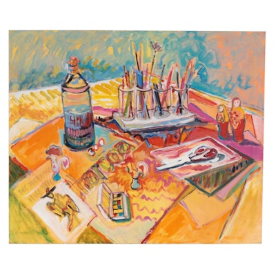 Marion Maas Fauvist Style Oil Painting of Artist Work Table