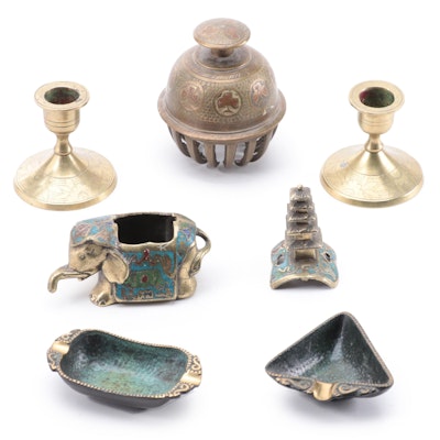 Brass Candlesticks, Ashtrays and Elephant Bell