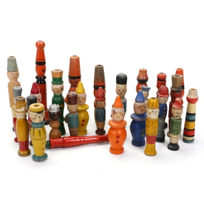 Hand-Painted Wooden Spindle Dolls, Mid-20th Century