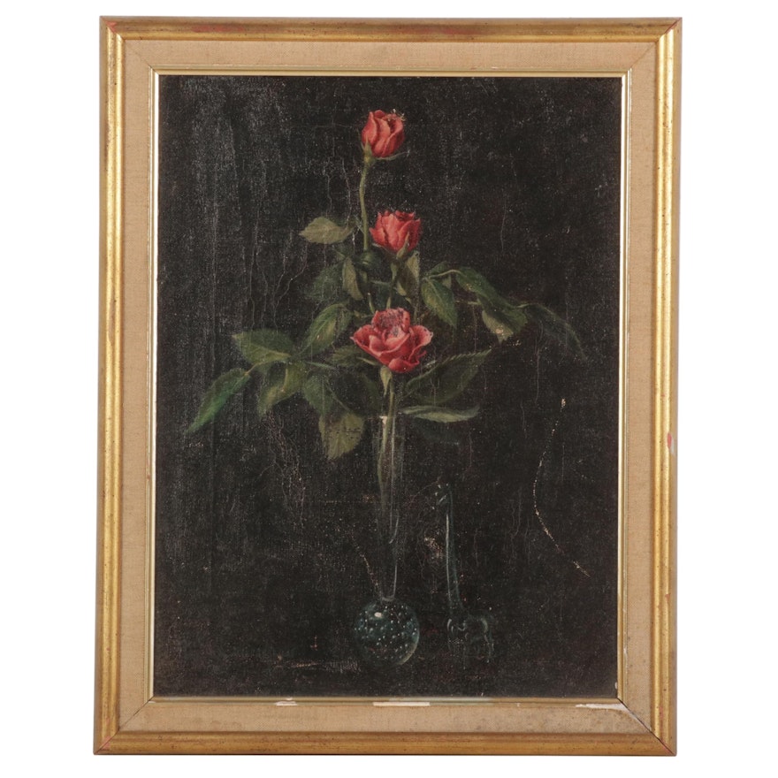 Still Life Oil Painting of Roses in Glass Flute Vase, Circa 1927