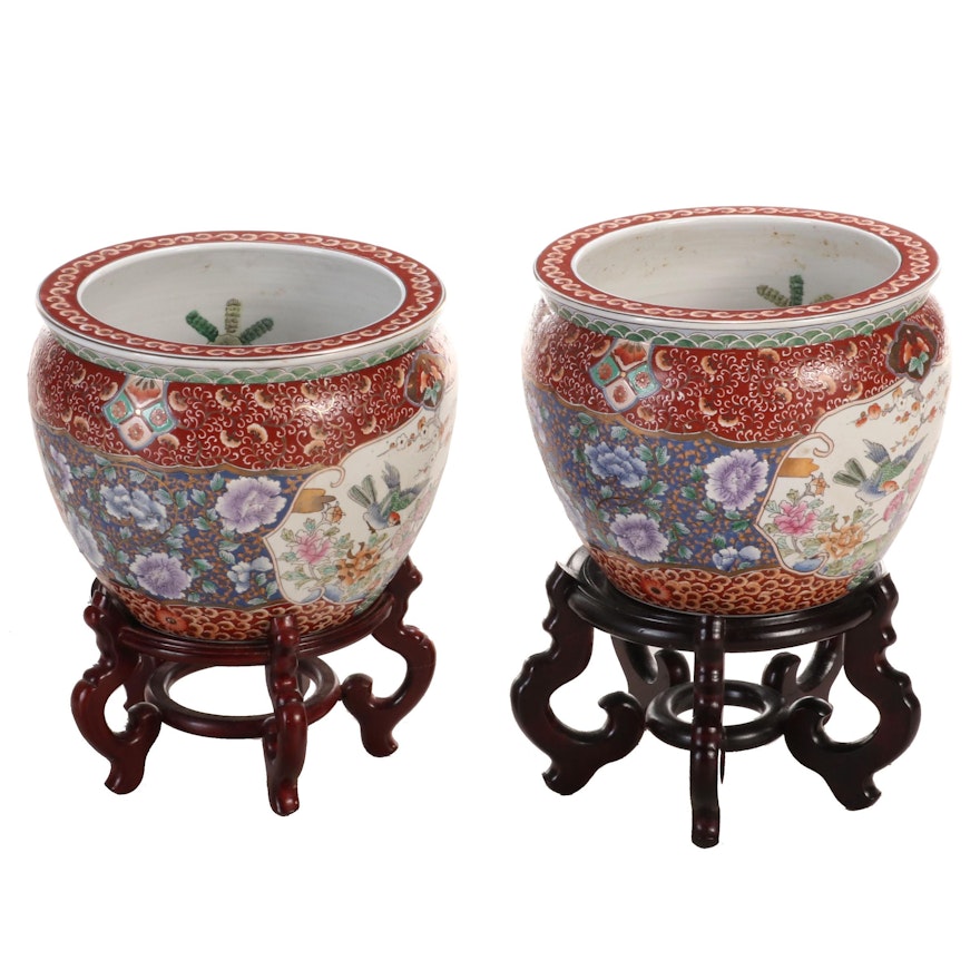 Pair of Chinese Porcelain Fish Bowl Jardiniéres with Stands