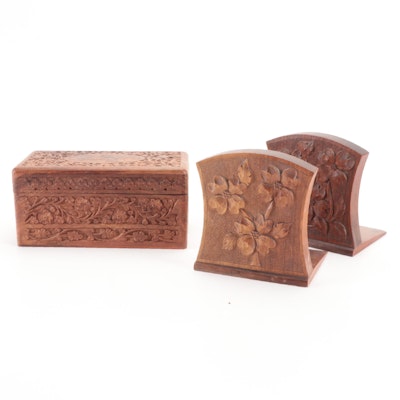 Hand-Carved Mahogany Bookends and Small Teak Box