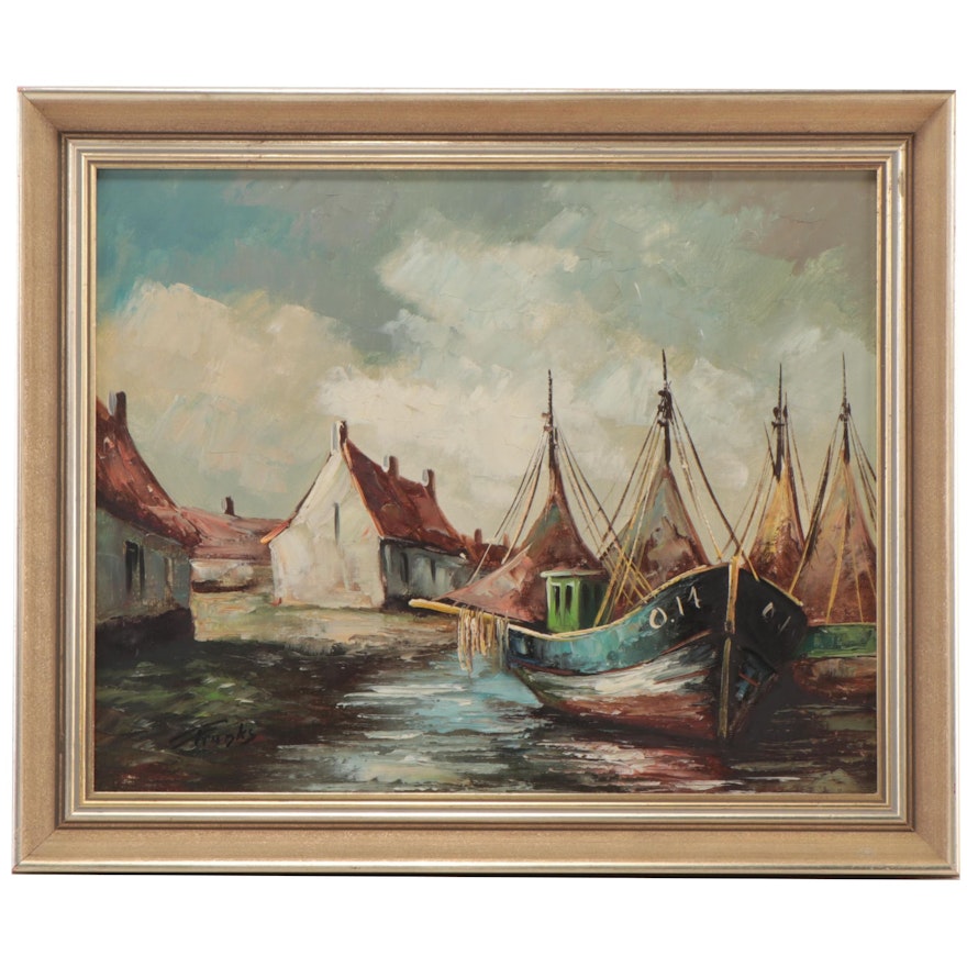 Leon Franks Oil Painting of Harbor Scene, Mid-20th Century