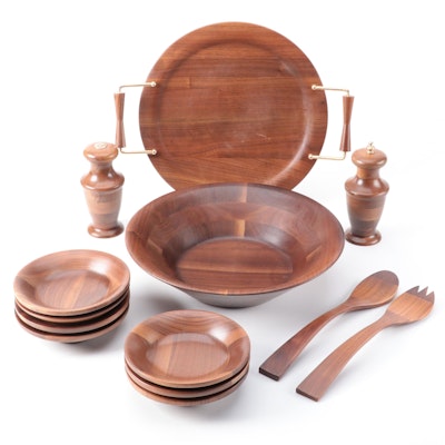 Walnut and Brass Tray, Bowls, Shakers and Serving Utensils