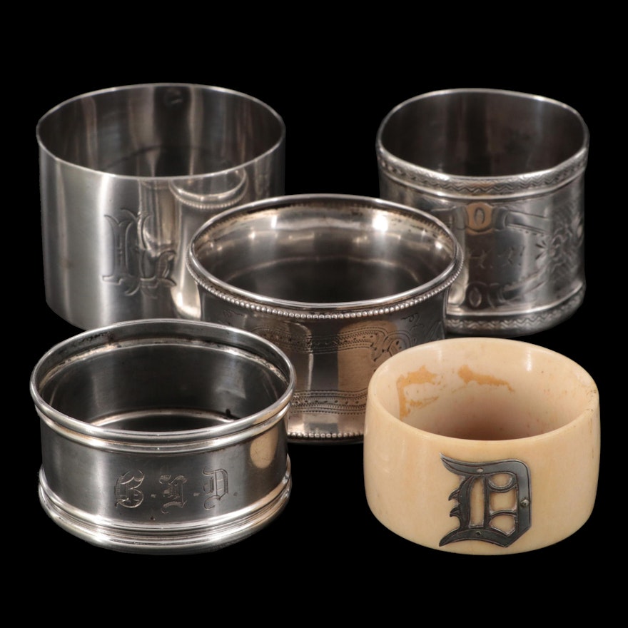 Webster Sterling Silver Napkin Ring with Other Silver and Bone Napkin Rings