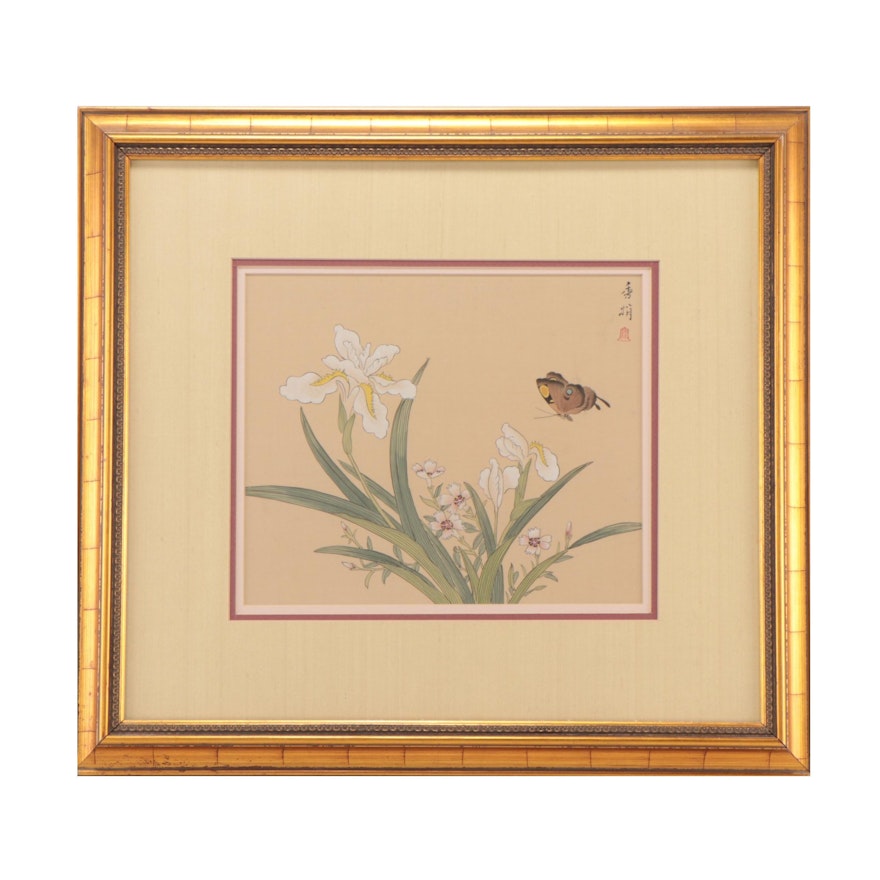 East Asian Gouache Painting of Flowers and Butterfly