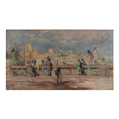 Coastal Genre Scene Oil Painting, Late 19th Century