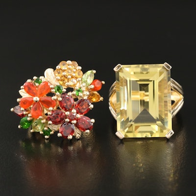 Sterling Statement and Floral Rings with Citrine, Garnet and Fire Opal