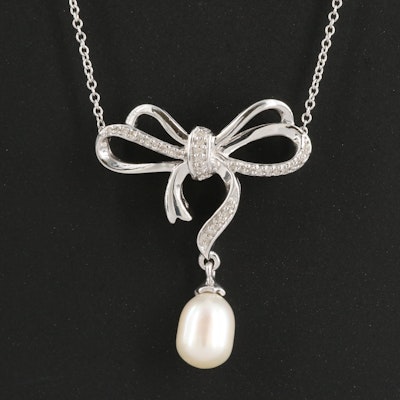 Sterling Diamond Bow and Pearl Drop Necklace
