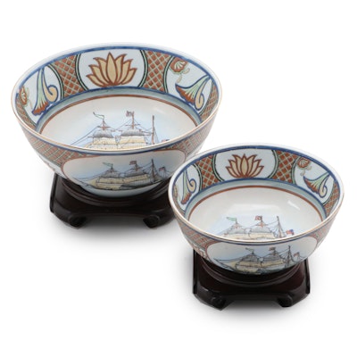 Chinese Export Style Porcelain Bowls on Wooden Stands