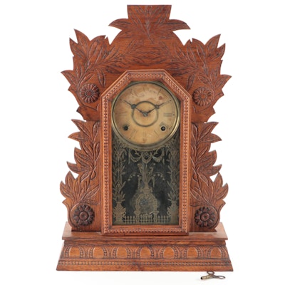 W. L. Gilbert Clock Co. "Laurel No. 3" Pressed Oak Gingerbread Shelf Clock
