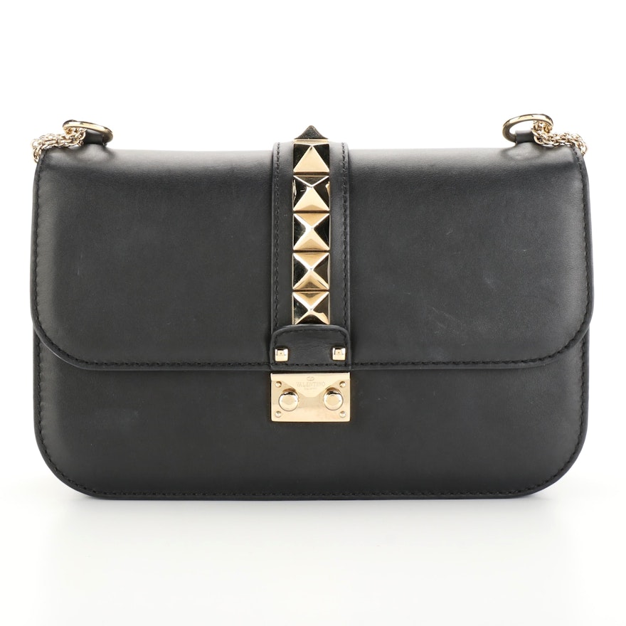 Valentino Glam Lock Black Leather Shoulder Bag