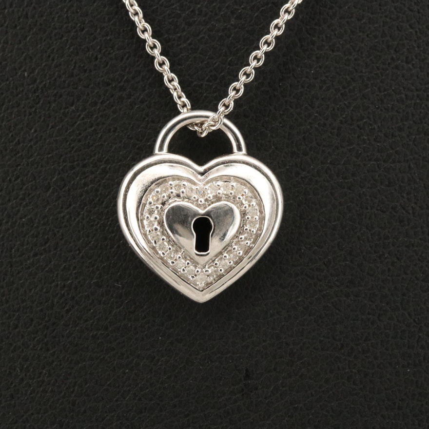 Sterling Diamond Heart Padlock Pendant Necklace