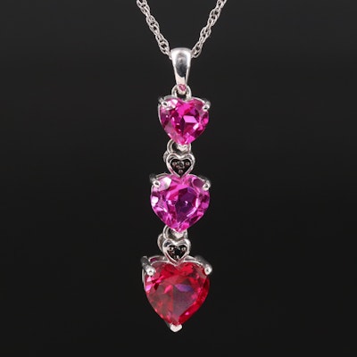 Sterling Ruby, Sapphire and Diamond Heart Tiered Pendant Necklace