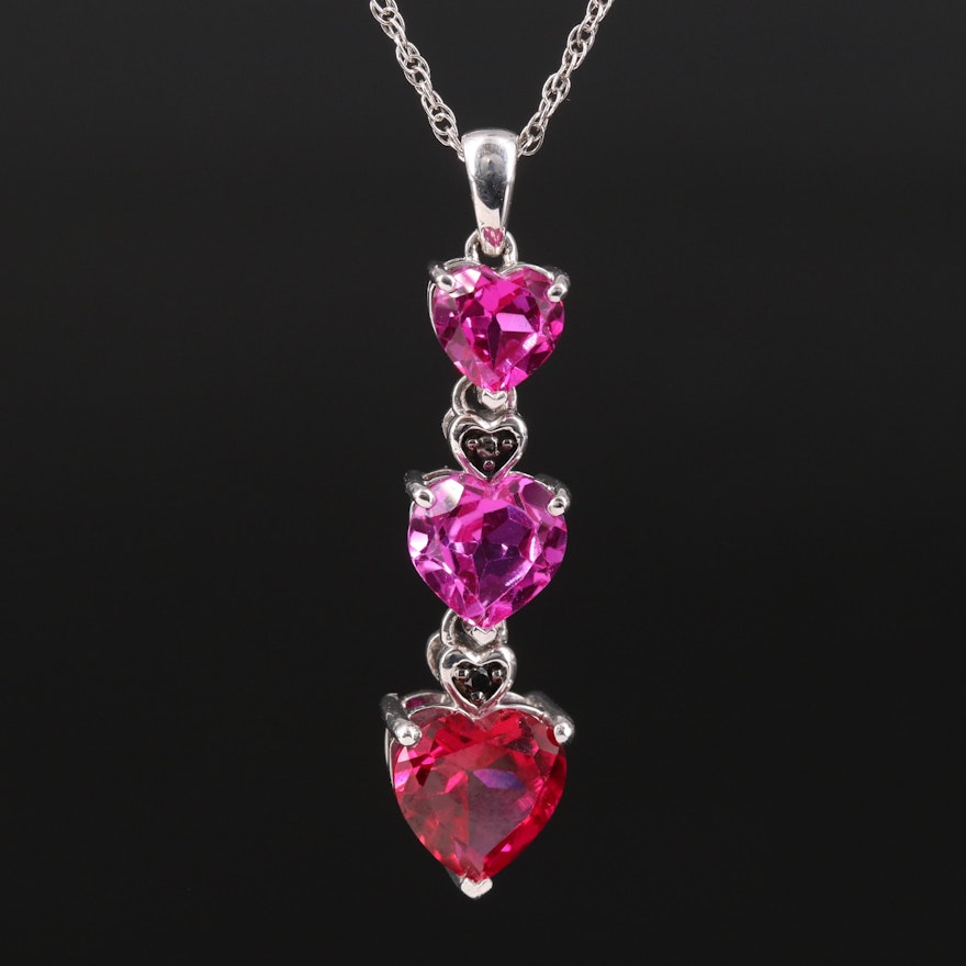 Sterling Ruby, Sapphire and Diamond Heart Tiered Pendant Necklace