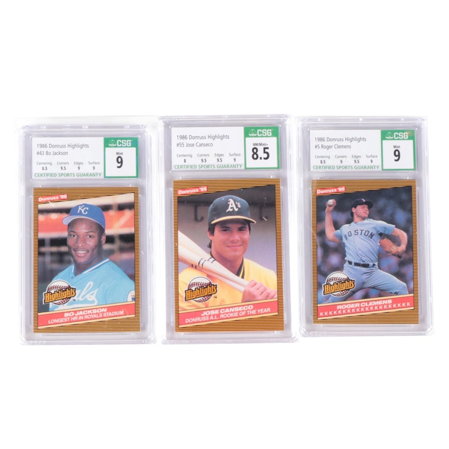 1986 Donruss Highlights Clemens, Canseco and Jackson Graded Baseball Cards