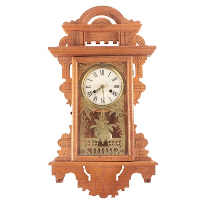 Victorian Pressed Oak Gingerbread Wall Clock Case with Contemporary Works