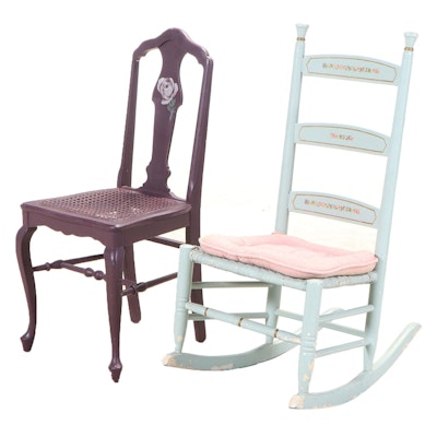 Painted and Transfer-Decorated Ladderback Rocker Plus Side Chair, 20th Century
