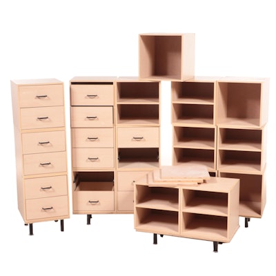 Maple-Grained Laminate Modular Drawer and Cubicle Units with Metal Legs