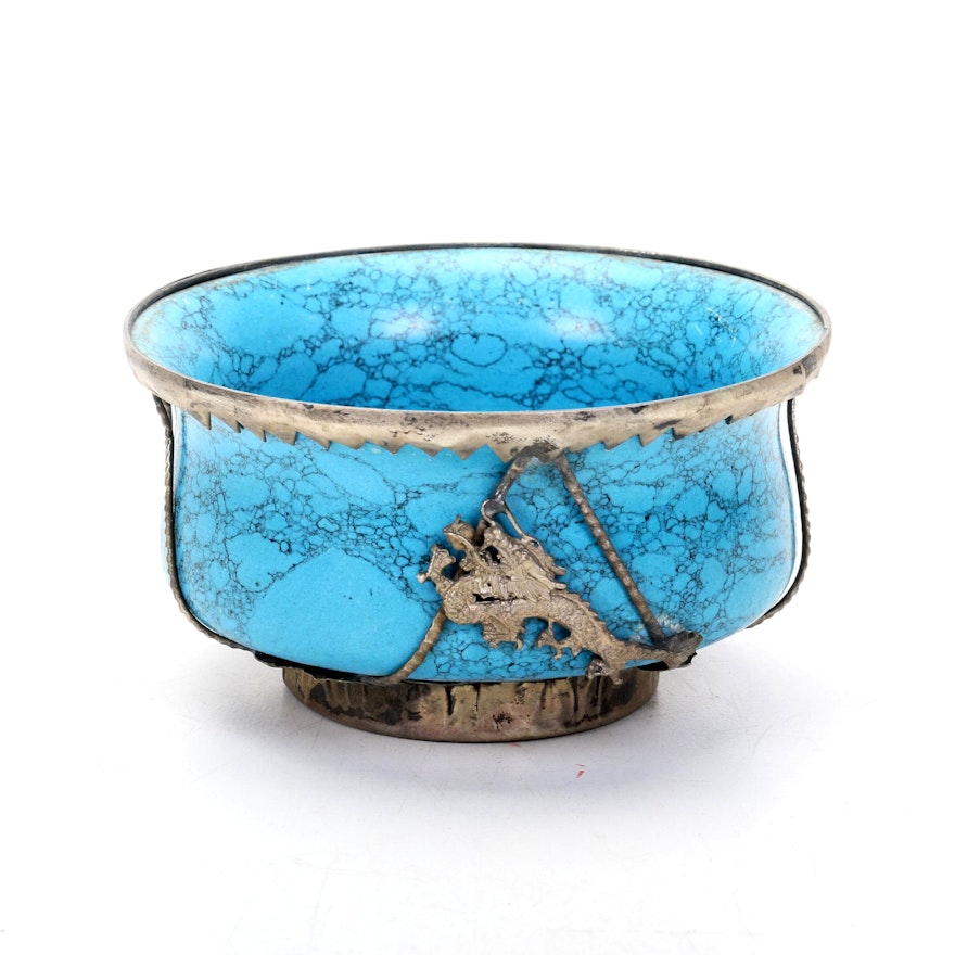 Chinese Turquoise Ceramic Metal Embellished Bowl