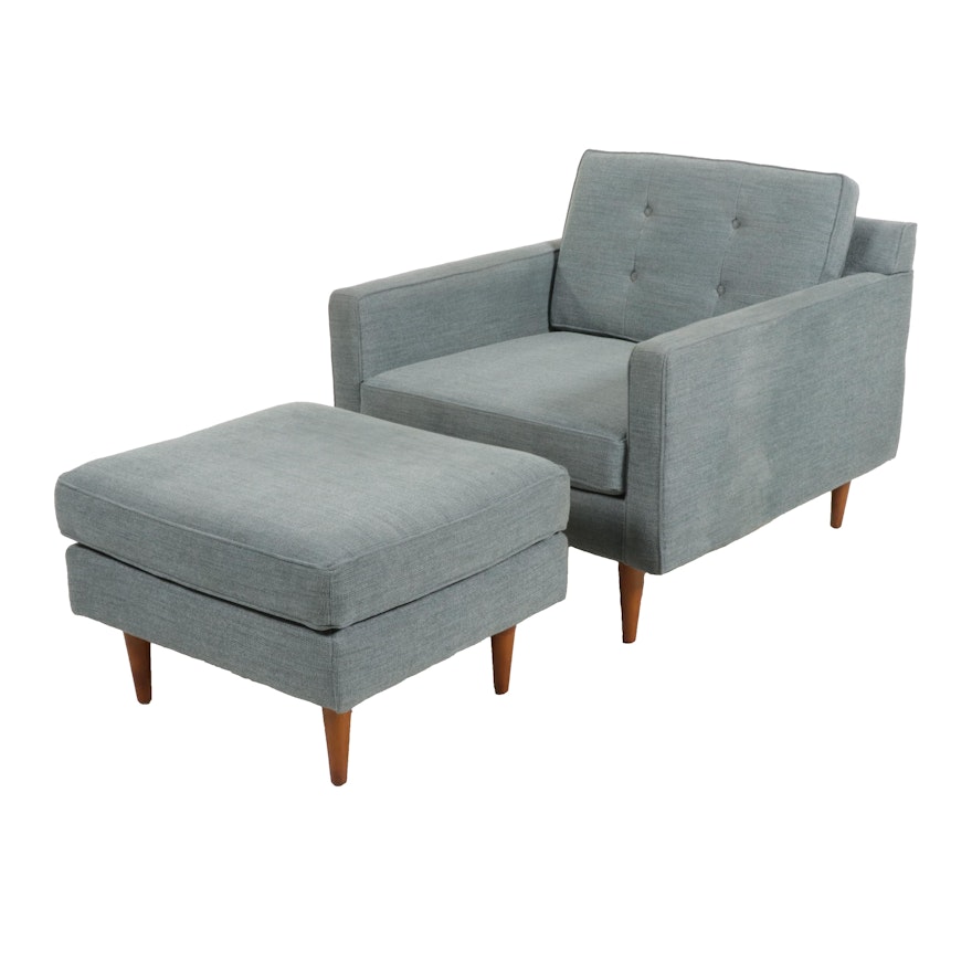 West Elm Modernist Upholstered Armchair and Ottoman, 21st Century