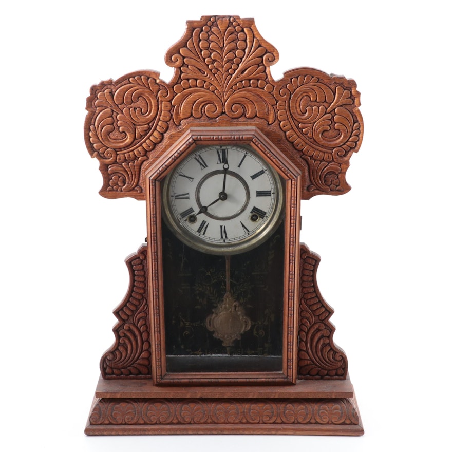 Victorian Pressed Oak Gingerbread Shelf Clock, Late 19th/ Early 20th Century