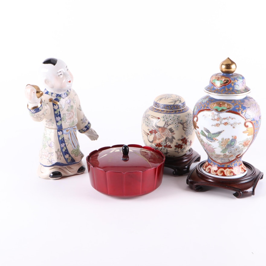 Chinese and Japanese Ceramic Lidded Vassels, Figurine and Lacquerware Bowl