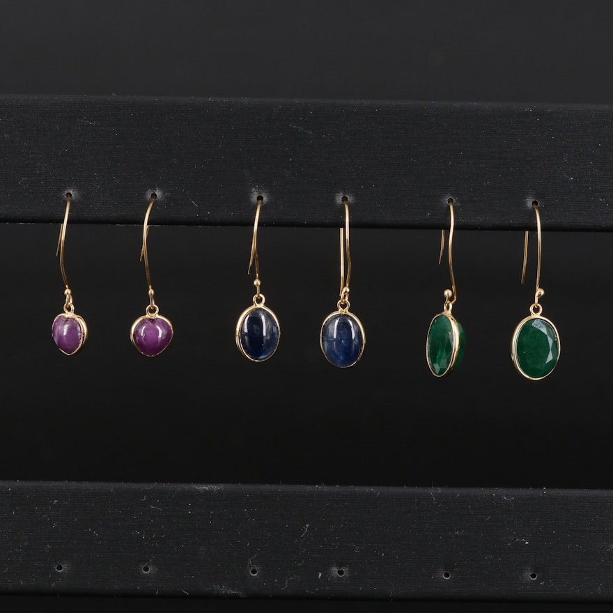 Trio of Drop Earrings with Sapphire, Emerald and Ruby