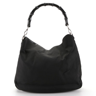 Gucci Black Bamboo Shoulder Bag in Ballistic Nylon/Leather with Strap
