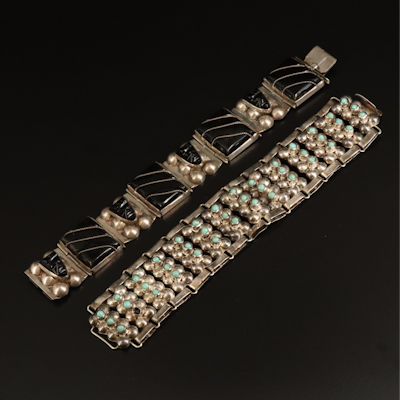 Mexican Sterling Panel Bracelets Including Obsidian and Taxco