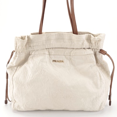 Prada Fold-Over Shoulder Tote in Off-White/Brown Lambskin Leather