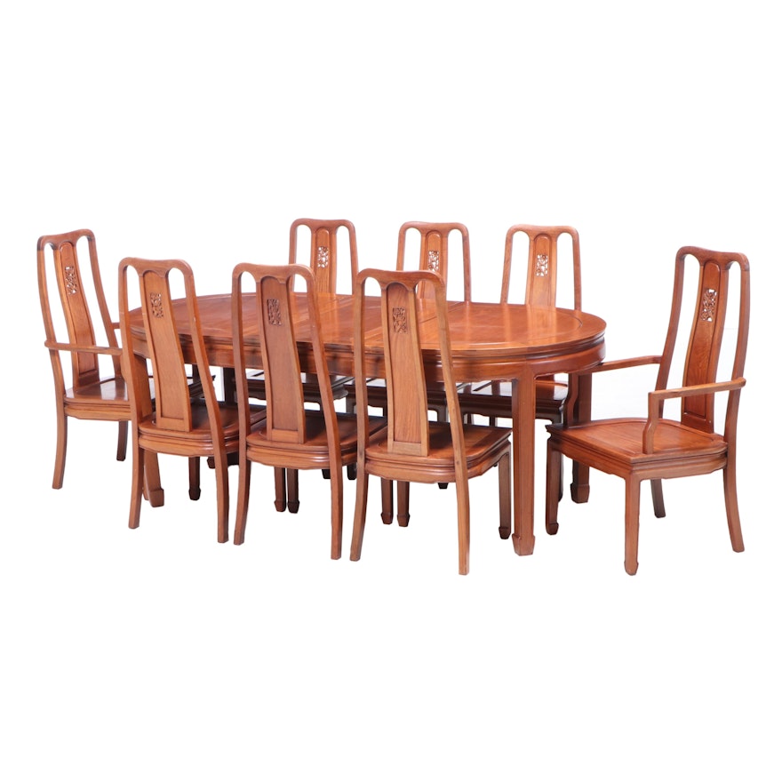 Chinese Carved Rosewood Extension Dining Table and Chairs