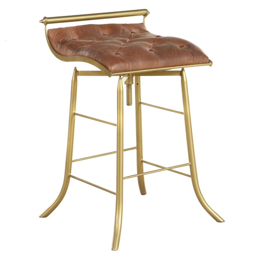 Gold Painted Metal Adjustable Swivel Barstool with Tufted Leather Seat
