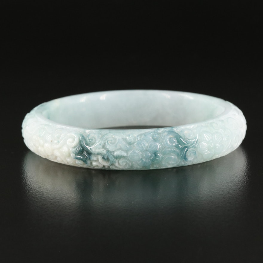 Chinese Jadeite Hololith Bangle with Plum Blossom Carving