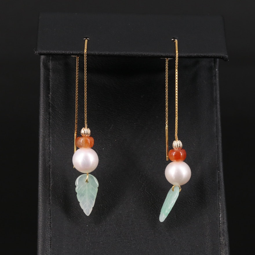 Sterling Pearl and Jadeite Threader Earrings