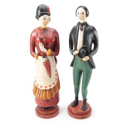 Italian Hand-Painted Carved Wooden Man and Woman Statuettes